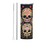 Juego de dos tazas de acero inoxidable con pajilla - 20 onzas con estampado de calavera del Día de los Muertos con asa, tapa y juego de popote, termo portátil