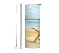 Juego de dos tazas de acero inoxidable con pajilla - 20 onzas con estampado de estrella de mar y coral en la playa, botella de agua aislada, termo portátil para bebidas frías y calientes