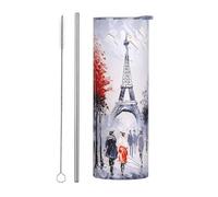 Juego de dos tazas de acero inoxidable con pajilla - 20 onzas, diseño de árbol de la ciudad de París, torre Eiffel, vaso aislado con asa, perfecto para camping, oficina, coche, deportes