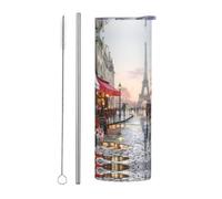 Juego de dos tazas de acero inoxidable con pajilla, 20 onzas, pintura al óleo, escena de la calle de París, torre Eiffel, vaso aislado con asa, tapa y popote, taza térmica portátil