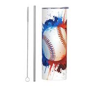 Juego de dos tazas de acero inoxidable con pajilla - Botella de agua aislada con estampado artístico de béisbol de 20 onzas con asa y tapa, termo portátil