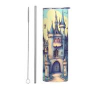 Juego de dos tazas de acero inoxidable con pajilla - Botella de agua aislada con estampado de castillo de cuento de hadas de 20 onzas, taza térmica portátil para bebidas frías y calientes