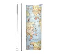 Juego de dos tazas de acero inoxidable con pajilla, botella de agua aislada con impresión de mapa del mundo, taza térmica portátil, vasos para exteriores