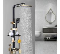 Juego de ducha de lluvia, color negro y dorado, sistema de ducha con alcachofa de mano, panel de ducha, columna de ducha, altura ajustable 75-120 cm