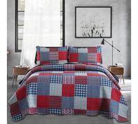 Juego de edredσn a cuadros Jessy Home, juego de colcha tamaρo king con patchwork rojo, azul y blanco, ropa de cama suave y ligera, edredσn revers