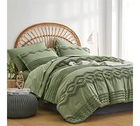 Juego de edredón capitoné verde salvia, tamaño Queen, 7 piezas en una bolsa, juego de edredón y sábanas estilo bohemio desgastado, juego de cama con textura de pompones, juego de ropa de cama completo
