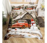 Juego de edredón de Navidad feliz tamaño S, granja rústica granero rojo impresión camión juego de funda nórdica para niños (sin edredón), lindo muñeco de nieve cardenal poliéster ropa de cama juego de