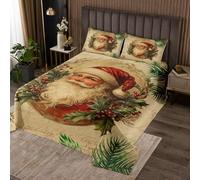 Juego de edredón de Papá Noel de Navidad, tamaño M, decoración de Navidad retro para casa de campo, funda de edredón, hojas silvestres frutos rojos, impresión de papel de carta, edredón de 3 piezas (1