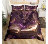 Juego de edredón de tamaño M Western Dragon M, rosa y animales salvajes, funda de edredón reversible exótica con 1 funda de almohada, flores románticas moradas y doradas, juego de ropa de cama