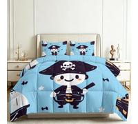 Juego de edredón doble pequeño sin funda de edredón con diseño de piratas de dibujos animados, antialérgico, 7,5 tog, para todas las estaciones, 1 edredón suave con 2 fundas de almohada, color azul