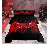 Juego de edredón para niños, Juego de Cama para Juegos, Juego de Cama para Juegos Juveniles, Consola, Color Rojo, Negro, tamaño King