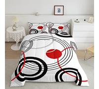 Juego de edredón retro con diseño geométrico de círculos, color blanco, negro y rojo, juego de ropa de cama de estilo simple para niños y niñas, edredón moderno de microfibra tamaño doble
