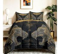 Juego de edredón sin funda de 220 x 240 cm, edredón nórdico lavable para todo el año, mitología celta, animales negro y dorado, reversible, 3 piezas, color negro