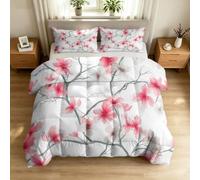 Juego de edredón y funda de almohada japonesa oriental sin funda, diseño floral de flores de durazno, 7,5 tog, edredón de cama súper king, edredón suave y ligero durante todo el año, lavable a máquina