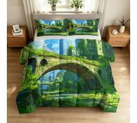 Juego de edredón y funda de almohada sin funda, edredón estilo anime y antialérgico, 260 x 220 cm, edredón Super King de 7,5 tog con 100% algodón lavado, lavable a máquina, rascacielos y puente de
