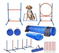 Juego de equipo de entrenamiento de agilidad para perros con bolsas de transporte, incluye túnel, anillo de salto, caja de pausa y 8 postes de tejido para curso de patio trasero