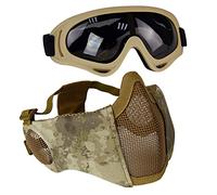Juego de equipo de protección para airsoft, máscaras de malla de media cara con protección auditiva y juego de gafas para CS/caza/paintball/tiro (AT)