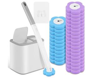 Juego de escobilla de inodoro desechable con mango dilatado y soporte, juego de limpieza con 30 piezas de limpiador de rellenos, juego de escobilla de inodoro para baño, lavabo, bañera y suelo (gris+