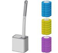 Juego de escobillas de inodoro con 18 recambios, base de almacenamiento montada en la pared con tapa automática para aislamiento de olores, solución de limpieza precargada, mango extendido para