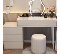 Juego de escritorio iluminado con espejo de 3 colores, 2 cajones, tocador y taburete, mesa de maquillaje para niñas con mesita de noche movible, color blanco, 80 cm, muebles de dormitorio