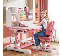 Juego de escritorio y silla de estudio para niños, escritorio de estudio para niños de altura ajustable con estantería, cajón de almacenamiento, mesa de estudio inclinable y silla, escritorio