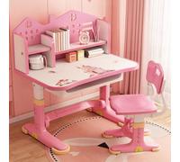 Juego de escritorio y silla de estudio para niños, juego de escritorio rosa con altura ajustable, cajones y almacenamiento, mesas y sillas de aprendizaje con patrón de dibujos animados para niños y