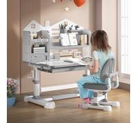 Juego de escritorio y silla para niños, altura ajustable, mesa de estudio para niños con escritorio inclinable de 50 grados y estantería, mesa de escritura de estudio con cajón de almacenamiento para