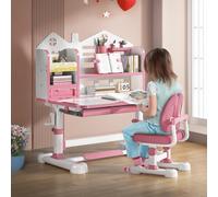 Juego de escritorio y silla para niños, altura ajustable, mesa de estudio para niños con escritorio inclinable de 50 grados y estantería, mesa de escritura de estudio con cajón de almacenamiento para