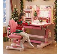 Juego de escritorio y silla para niños, escritorio de estudio para niños con altura ajustable, escritorio para niños con soporte para libros, estantería, gancho de metal, cajón de almacenamiento y