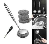 Juego de estropajos de acero inoxidable con cepillo de mango largo, bola de acero, destornillador, estropajo de metal, elimina manchas de grasa, aceite y suciedad de ollas, platos y utensilios para