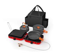 Juego de estufa portátil de camping de 2 quemadores con utensilios de cocina, 20,000 BTU/h, kit de cocina al aire libre que incluye estufa de gas plegable al aire libre, sartén, plancha, hervidor,