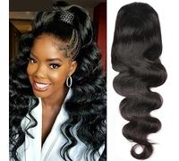 Juego de extensiones de cabello humano ondulado con cordón de ajuste, 100 g, cabello Remy brasileño, color natural, cola de caballo para mujer, para uso diario (12 pulgadas)