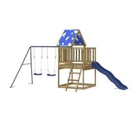 Juego de exterior de madera de pino para niños | Torre con tobogán, columpio doble, pared escalada, arenero, 564 x 235 x 228 cm