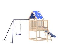 Juego de exterior de madera maciza de pino, 494 x 235 x 228 cm | Madera maciza de pino sin tratar, techo de poliéster, plataforma de 90 cm, tobogán ondulado, columpio individual, escalera,