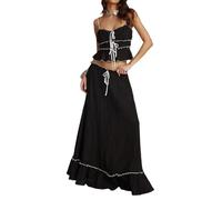 Juego de falda maxi con volantes Y2k para mujer, 2 piezas, conjunto para salir, top de encaje con mangas cortas, falda larga con volantes, Negro, L