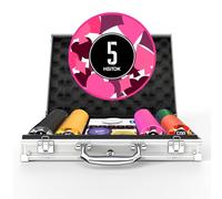 Juego de fichas de póker HEITOK, 200 piezas de 11.5g con denominaciones, set de fichas numeradas estilo casino, incluye 5 dados, 2 barajas y estuche de aluminio compacto para Texas Hold'em y Blackjack