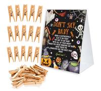 Juego de fiesta de baby shower de Halloween, no digas bebé, un letrero de 5 x 7 pulgadas y 50 mini clips de calabaza de Halloween, pines de decoración de Halloween, decoración de baby shower neutra de