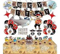 Juego de fiesta de cumpleaños pirata de 48 piezas, Incluye pancarta, Decoraciones para pasteles, Pegatinas de tatuajes temporales, Globos, Máscara para los ojos, Sombreros y mantel de barco pirata