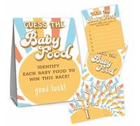 Juego de fiesta retro Pop Theme Guess The Baby Food, kit de juego de baby shower, 1 letrero de pie, 20 tarjetas de respuesta y 6 tarjetas de número, decoraciones vintage de baby shower, recuerdos de fiesta y suministros-SWLK-B03