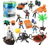 Juego de figuras de acción pirata para niños con cubo, juguetes piratas con cañones de cofre del tesoro, barco de pulpo y otros accesorios, regalo educativo de pirata para niños y niñas de 3-8 años