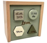 Juego de figuras de oliva | Regalo personalizado para nacimiento I Juguete de madera hecho a mano a partir de 1 año I Regalos personalizados Baby I Etiqueta | Caja con nombre y fechas de nacimiento