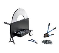 Juego de flejado, cinta de acero aparato tensor y precintador, tijera, portabobinas rodante, cinta, precintos