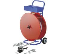 Juego de flejado, cinta de material compuesto aparato tensor y precintador, portabobinas rodante, cinta, precintos