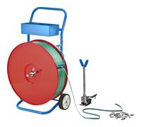 Juego de flejado, cinta de PET aparato tensor y precintador, portabobinas rodante, cinta, precintos