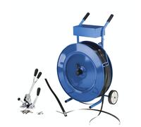 Juego de flejado, cinta de PP aparato tensor y precintador, portabobinas, cinta, precintos, vara de enhebrar