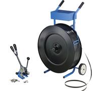 Juego de flejado, cinta de PP aparato tensor y precintador, portabobinas rodante, cinta, precintos