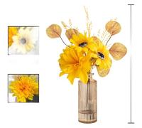 Juego de flores de seda de girasol y eucalipto con jarrón de vidrio cilíndrico para fotografía plana y contenido de redes sociales
