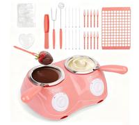 Juego de fondue de chocolate eléctrico con 2 cacerolas para derretir chocolate, para bombones y queso, doble temperatura (45 °C/70 °C) sin baño maría, incluye 30 accesorios y moldes (rosa)