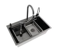 Juego de fregadero de cocina negro, fregadero de cocina de acero inoxidable con cascada y grifo extraíble, para hogares, baños, granjas, patios traseros 75 x 46 x 22 cm
