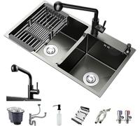 Juego de fregadero de doble tazón de acero inoxidable negro de 75 x 41 cm con kit de drenaje y accesorios, 8 piezas de fregadero de cocina resistente para el hogar moderno, diseño Clete, 78 x 43 cm